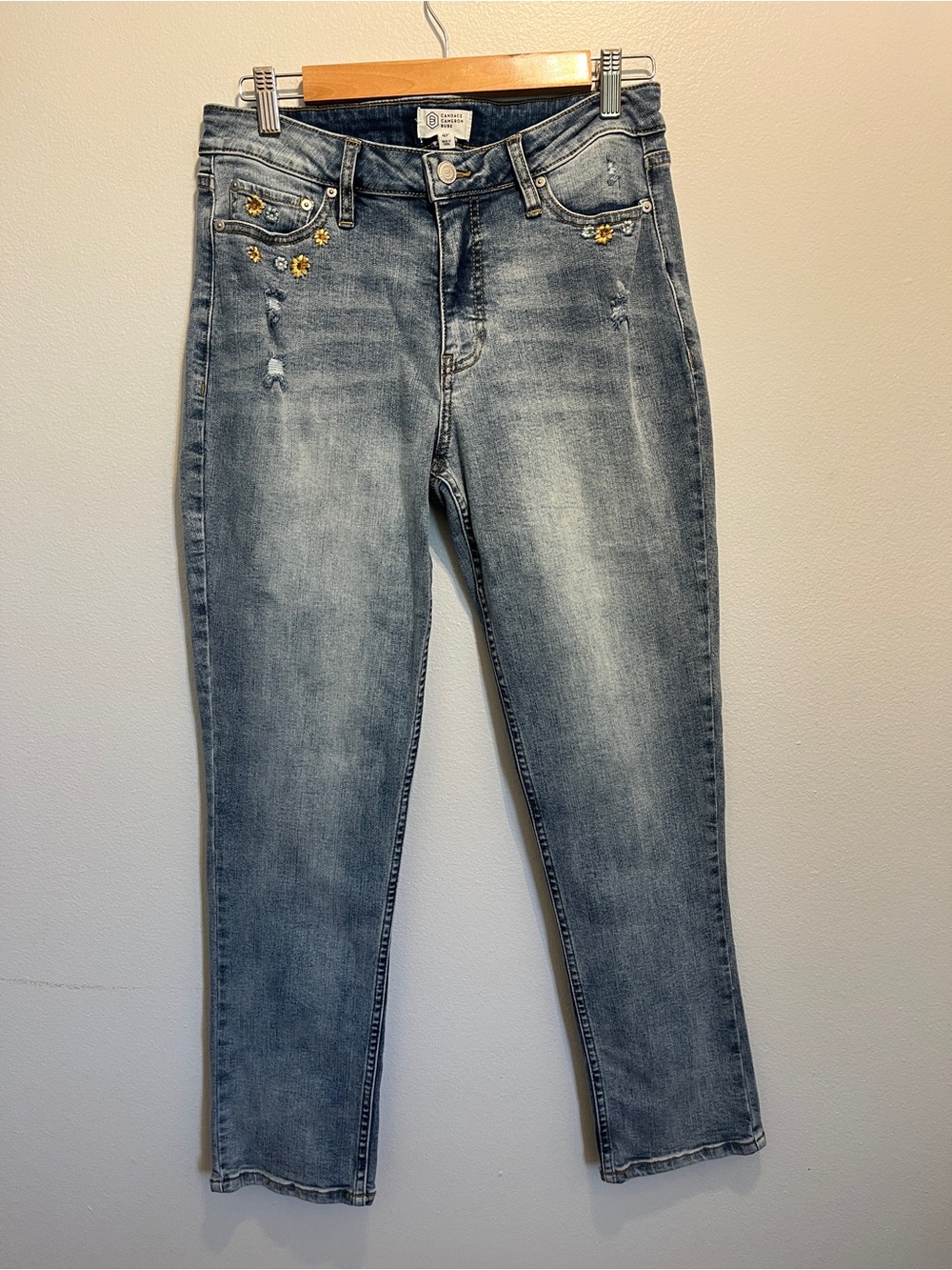 Candace Cameron Bure Light Blue Straight Leg Jeans Floral Embroidered Accents